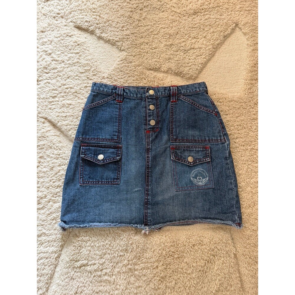 Vintage Y2K Mary-Kate and Ashley Denim Cargo Mini Skirt Red Stitch Raw Hem